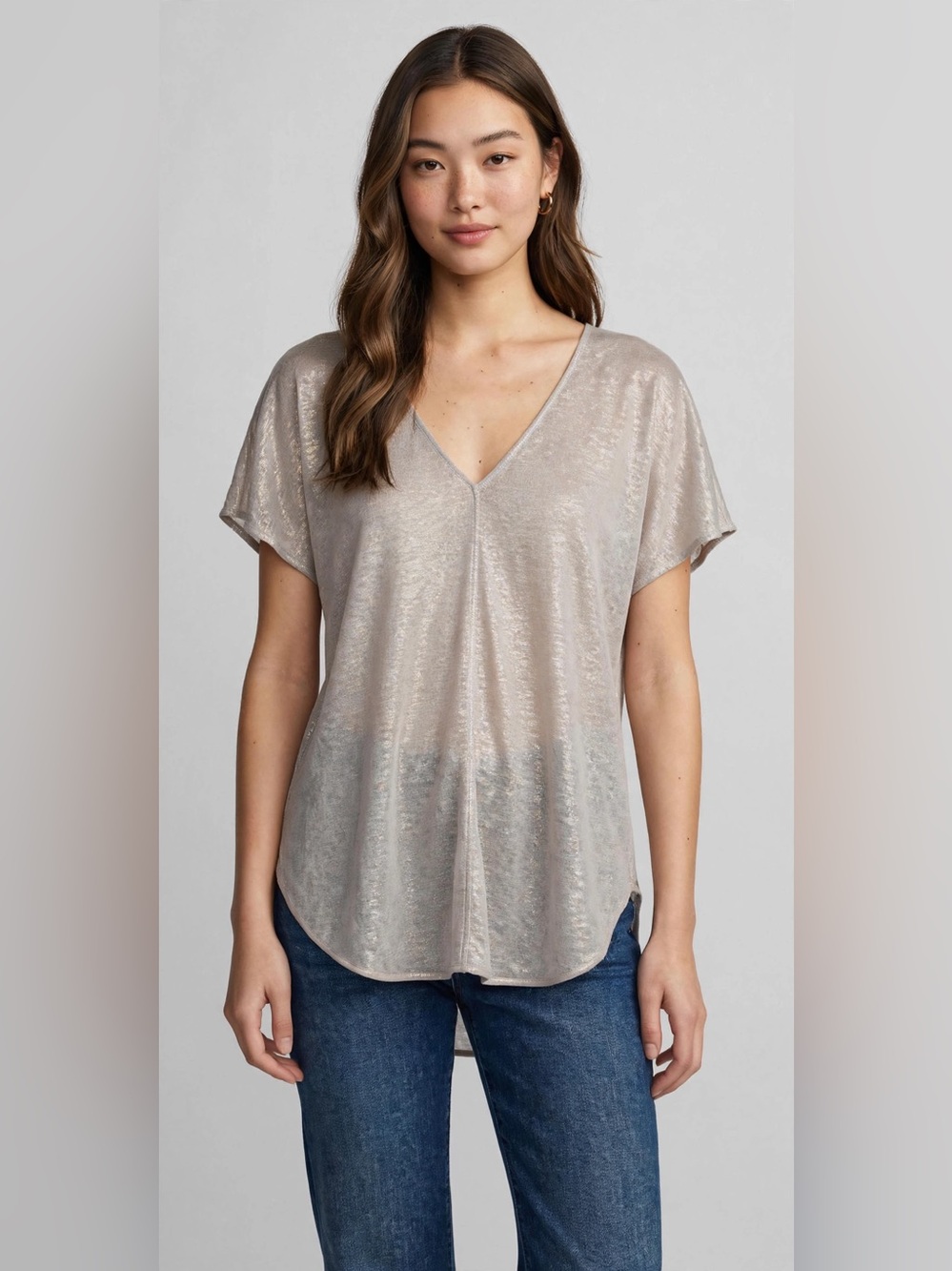 Banana Republic Metallic Taupe Short Sleeve V-Neck Tunic